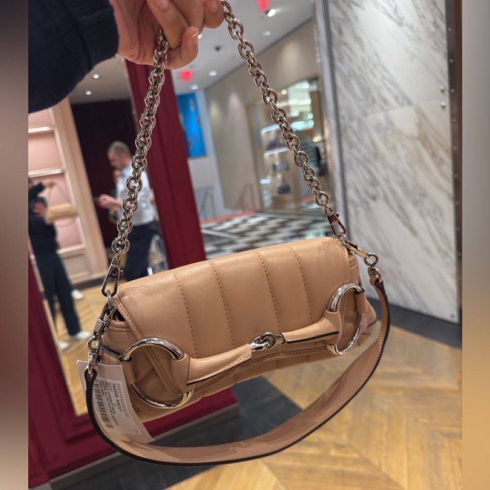 Gucci pink tan nappa leather horsebit shoulder clutch bag